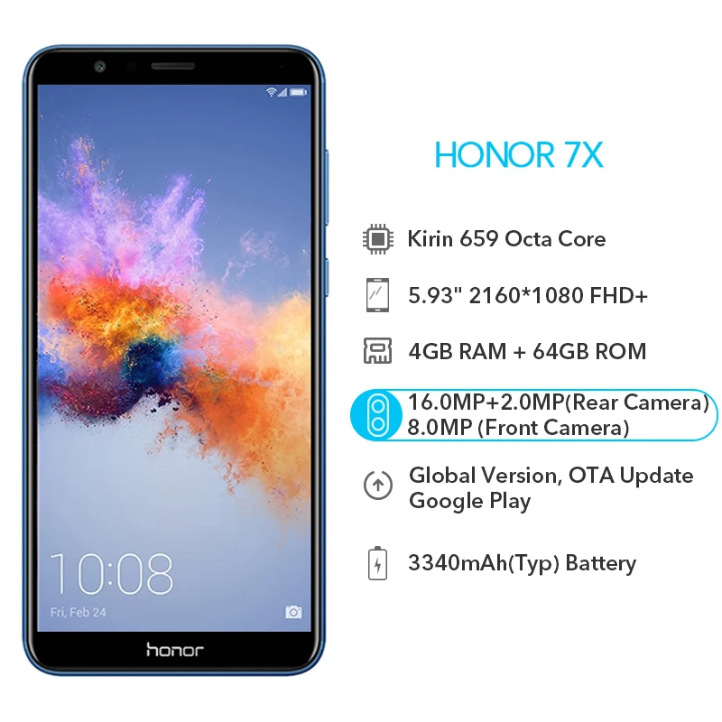 Глобальная версия Honor 7X4 GB ram 64GB 7 X Kirin 659 Octa Core OTA Update 5 93 &quot2160*1080 P 16MP двойная задняя