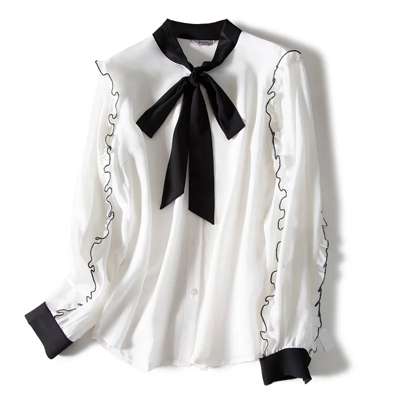 Шелковая женская рубашка с длинным рукавом и галстуком-бабочкой, французский топ с шелковистой рубашкой, новинка