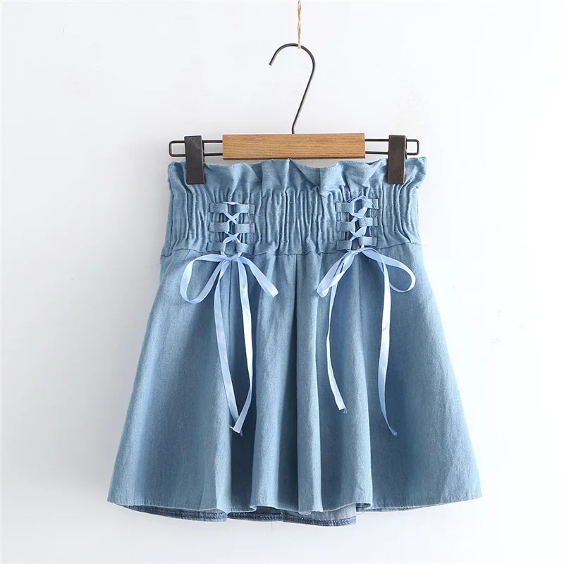 

2020 Vintage Casual Women Skirt Teen Girl Retro Bandage Sweet Ruffle Jeans Skirt Korean Lace Up High Waist Denim Short Skirt