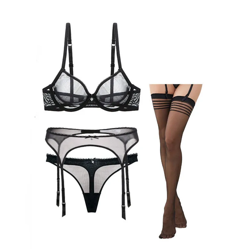 

Plus Size Sexy Transparent Bra and Panty Sets for Women Underwear with Garter Stocking Lace Lingerie Porno Push Up Bra Intimates