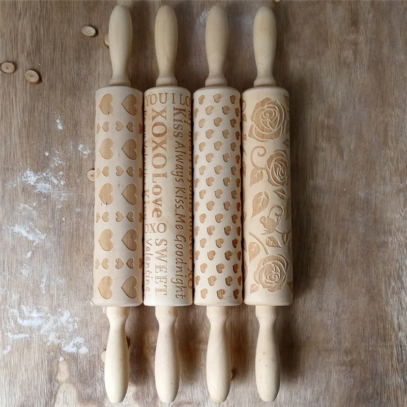 

Wooden Print Rolling Pin Wood Carving Embossed Rolling Pin Cookie Dough Stick Kitchen Pastry Gadgets Easter Pastry Mold 4.5*35cm