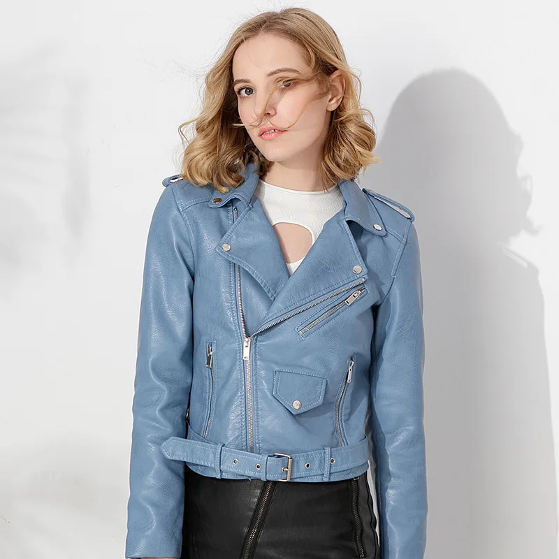 

Autumn New Women Motorcycle Faux Leather Jackets Slim Lady Biker PU Zipper Snakeskin Girls Grain Outerwear Coats with Belt Black