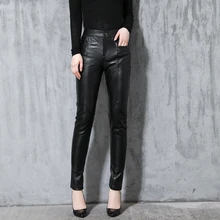 

Women's Sheepskin Leather Pants Autumn Winter Slim Pants OL Pencil Pants Black Ladies Mid-rise skinny Sheepskin Leather Pants
