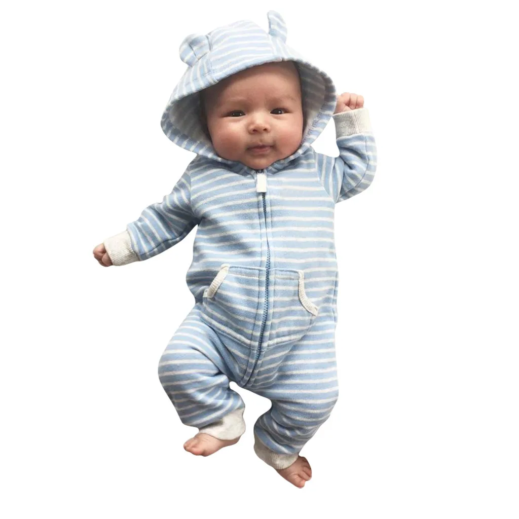 

2019 New Toddler Baby Romper Hooded Bear Ear Jumpsuit Children Winter Striped Zipper Pockets New Born Baby Clothes Overalls#30