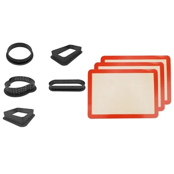 

1set 5 Styles Plastic Perforated Egg Tart Ring Fruit Mousse Cake Cookies Pastry Molds & 3x Silicone Baking Mat