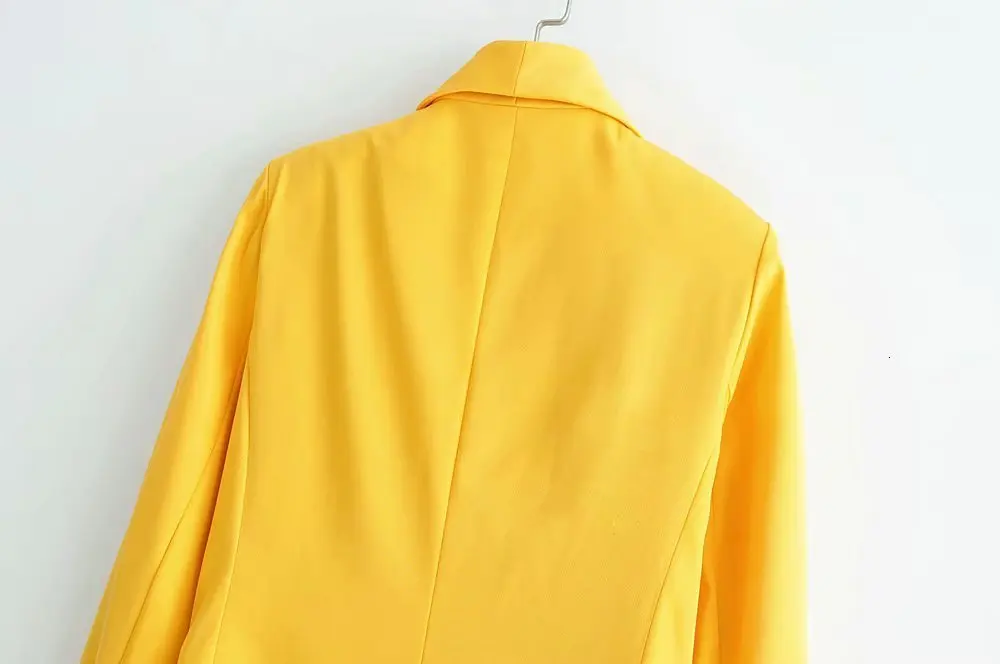 Желтый цвет Блейзер Куртка женская мода длинный рукав пальто элегантный двубортный пиджак