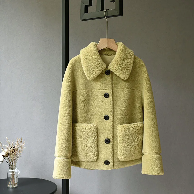 Gray Green Женская одежда Зимняя верхняя одежда, пальто, новая короткая куртка овец-стриженой ягненка шерстяное пальто с лацканами в простом - Цвет: Gray Green