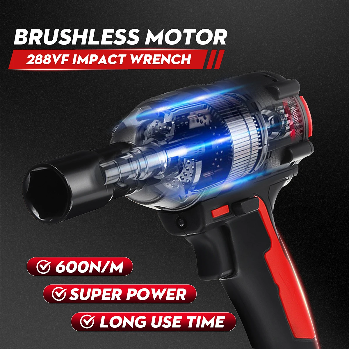  288VF 600N.M High Torque Brushless Cordless Impact Electric Wrench Li ion Battery Home Car/SUV Whee