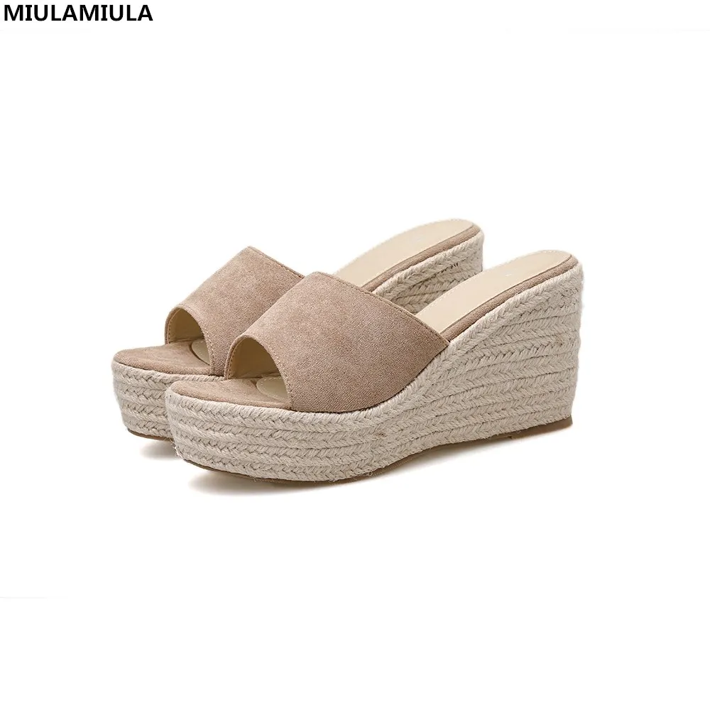 

MIULAMIULA Brand Designers 2020 New Fashion Luxury Straw Wedges Platform High Heels Lady Pumps Slip On Loafers Mules Plus 35-40