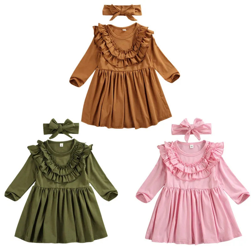 

2020 Baby Spring Autumn Clothing Toddler Kids Baby Girls Party Casual Dress Headband Clothes Outfits Ruffled Solid Sundress 1-6T