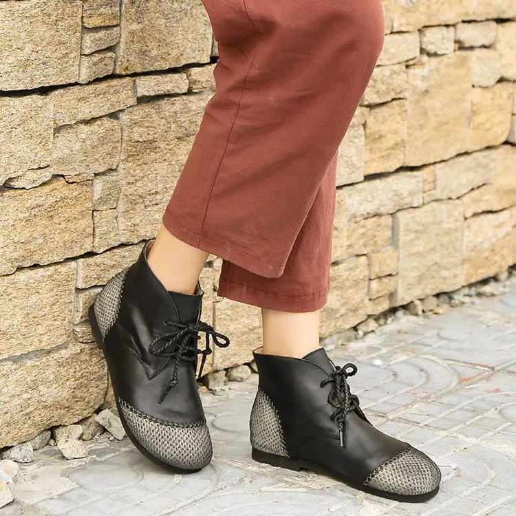 

Handmade Retro Genuine Leather Lace Up Flats Splicing Design Round Toe Ankle Boots Coffe/Brown/Black