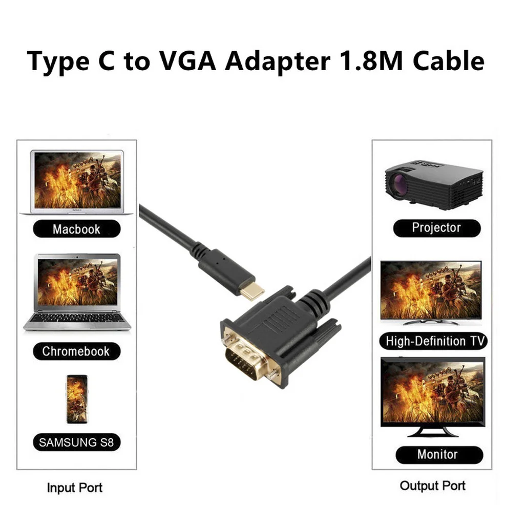 1080P Type-C To VGA Type-C Revolution To VGA Conversion Data Cable For Laptop UHD External Video Projector 1.8M