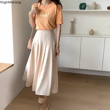 Однотонная эластичная высокая талия плиссированная длинная юбка миди Boho Корейская женская летняя Осенняя винтажная модная повседневная черная