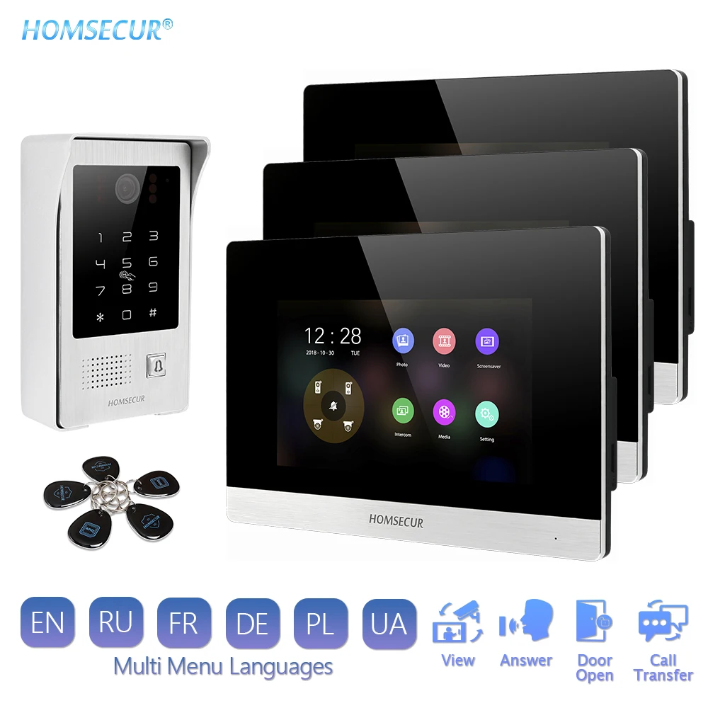 HOMSECUR 4 Wire 7\ Video Door Phone Intercom System with Touch Screen IP65 Outdoor Camera with Password Keypad RFID Unlock 1.3MP