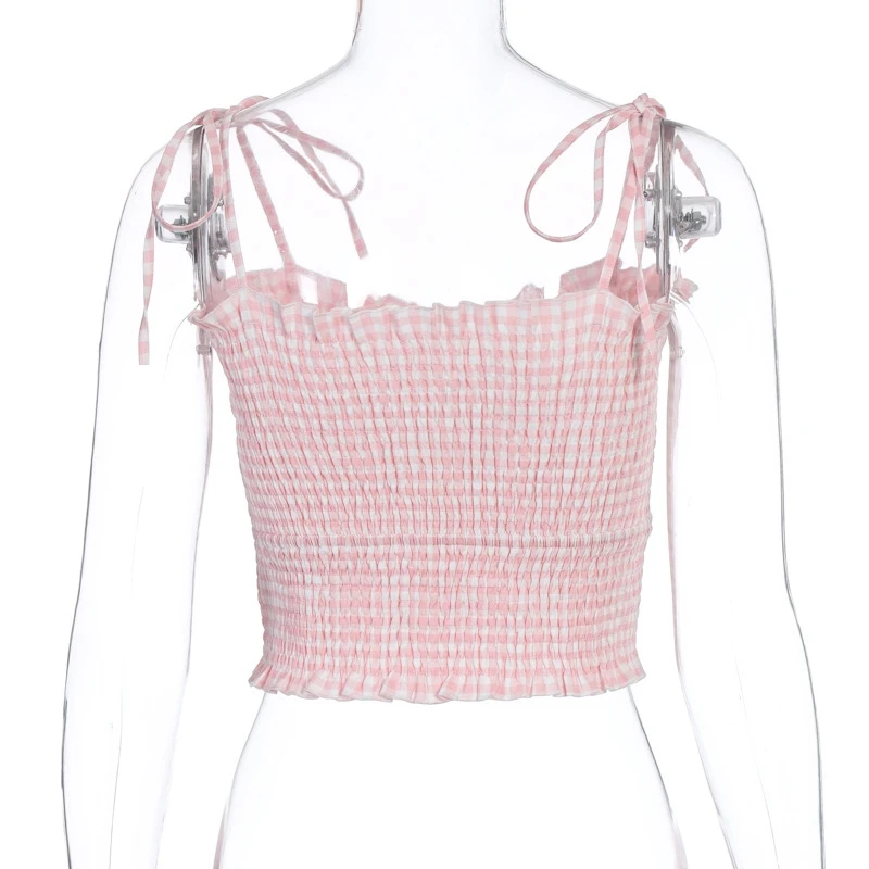 Sweet Bandage Plaid Straped Ruched Crop Tops Summer Fashion Hollow Out Bow Ruffle Hem Camis Tops Kawaii Tank
