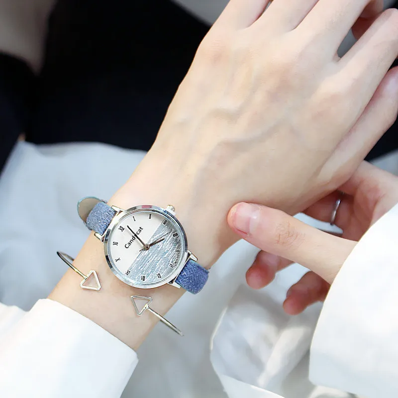 

2020 New Women's Watch Fashion Simple Bicolor Dial PU Pin Buckle Strap Polished Quartz Watch Multicolor Optional Reloj Hombre