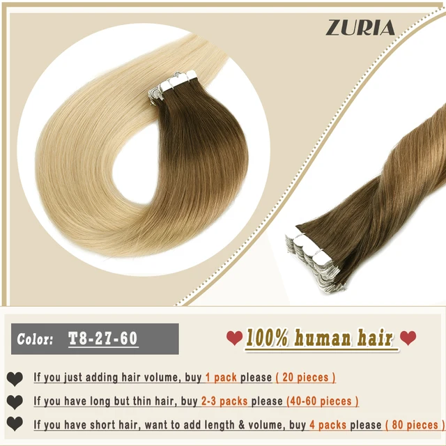 ZURIA Mini Tape In Hair Extensions Machine Remy Natural Hair Extensions Human Hair Straight 20 Inchs Seamless Adhesive Skin Weft T8-27 60