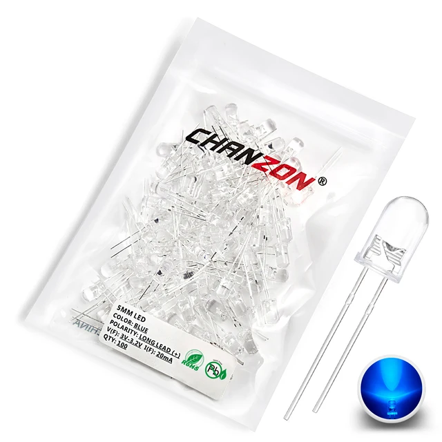 100pcs 5mm LED Diode Kit Light Emitting Warm White Red Blue Green UV Orange Yellow Pink Color Bulb Lamp Set 2V 3V PCB Assortment 100pcs Blue