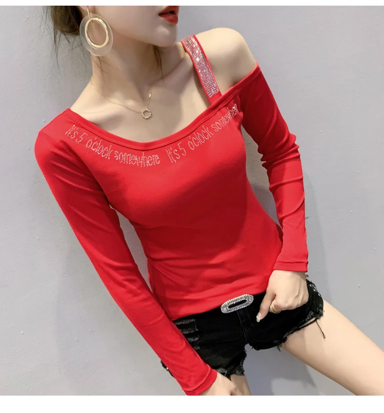 2020 Autumn New women tops Fashion long sleeve sexy off the shoulder women t-shirt hot drilling Elegant slim women clothing
