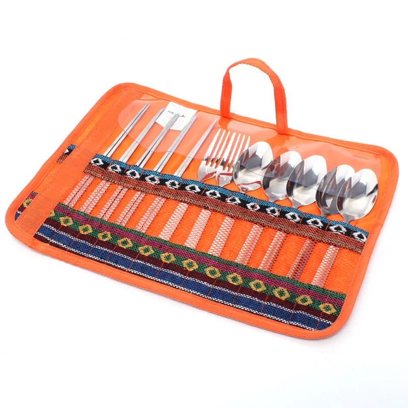 12pcs outdoor tableware camping portable stainless steel chopsticks knife fork spoon picnic+ bag camp plegable