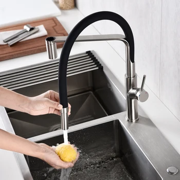 

Single Handle Bathroom Kitchen Faucets Silicone Hose High Arc Basin Sink Faucets Brushed Nickel Finished 360 Degree Water Tap