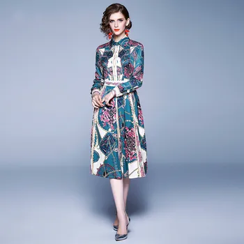 

Fashion Designer Vintage Shirt Dress Women 2020 Spring Single-breasted Flower Chain Print Office Casual Elegant Midi Dress