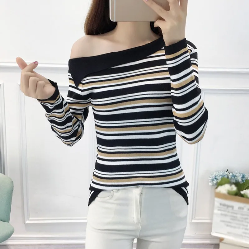 

Women Sexy Off Shoulder One Word Collar Knitted Sweater 2019 Fashion Striped Long Sleeve Autumn Casual Pullovers Tops Female