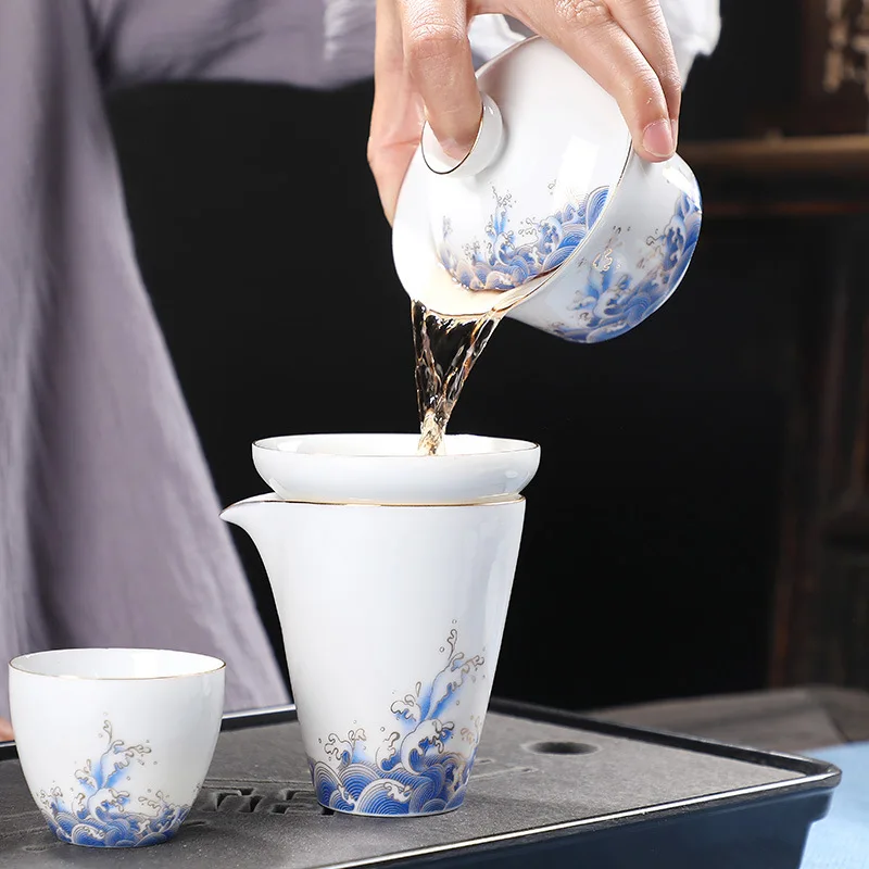 Китайский чайный набор Gaiwan, бытовой чайник, керамическая сансай чайная чаша, расширенный золотой край, чайная чашка, блюдце, чайная чашка Цзиндэчжэнь