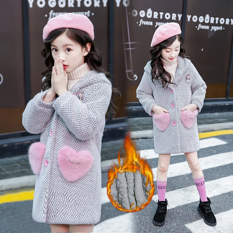 

Girl'S Small Plaid Plush Overcoat Middle And Large Children Students Mid-length Thick Warm Hooded Trench Coat