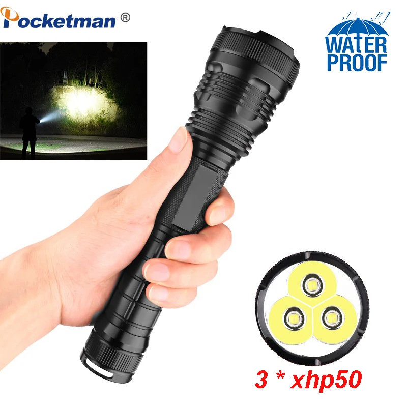 

100000 Lumens Tactical Flashlight 3xCREE XHP50 LED Flashlight usb Zoom led torch 18650 battery 5 Modes Waterproof Flashlight