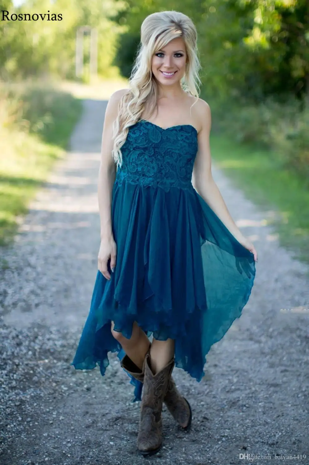 Boho Hi-Lo шифоновое платье для подружки невесты без бретелек до колена с открытой спиной Кружева аппликации выпускного вечера платья горничной честь