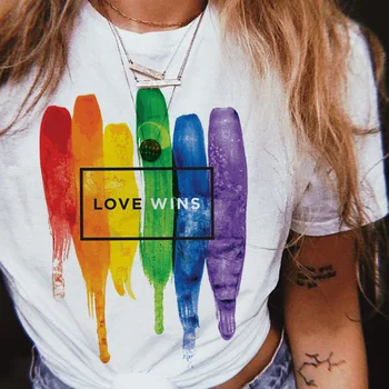

Fashion Female Tee Shirts Top Kawaii Rainbow T-shirt Love Is Love Streetwear Ladies Clothes 90s Graphic Plus Size Tees Short