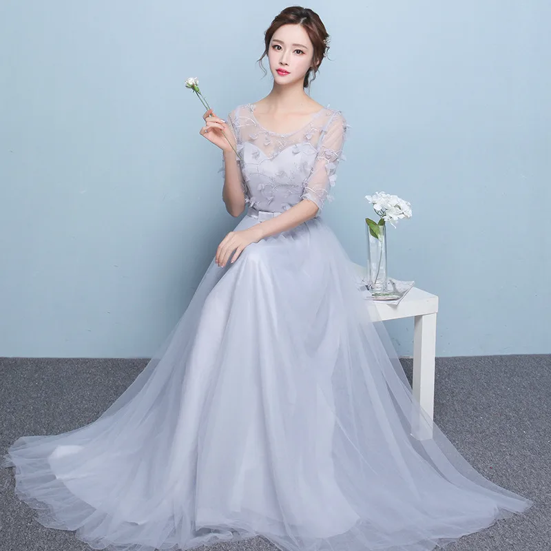 Brides Maid Dresses Long Silver Dress A-Line Tulle Lace Floor-Length Special Occasion Dresses Wedding Party Dresses for Women
