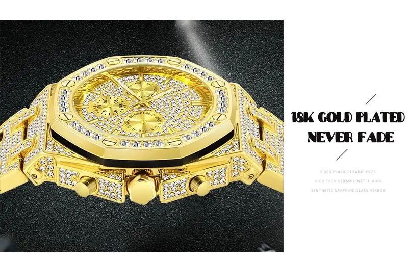 Free Dropshipping Big Men Watches 2020 Luxury Design Classic Waterproof Silver Bling Watch Stainless Steel Bracelet Wristwatch Clock 18K Gold Male Clock  (56)