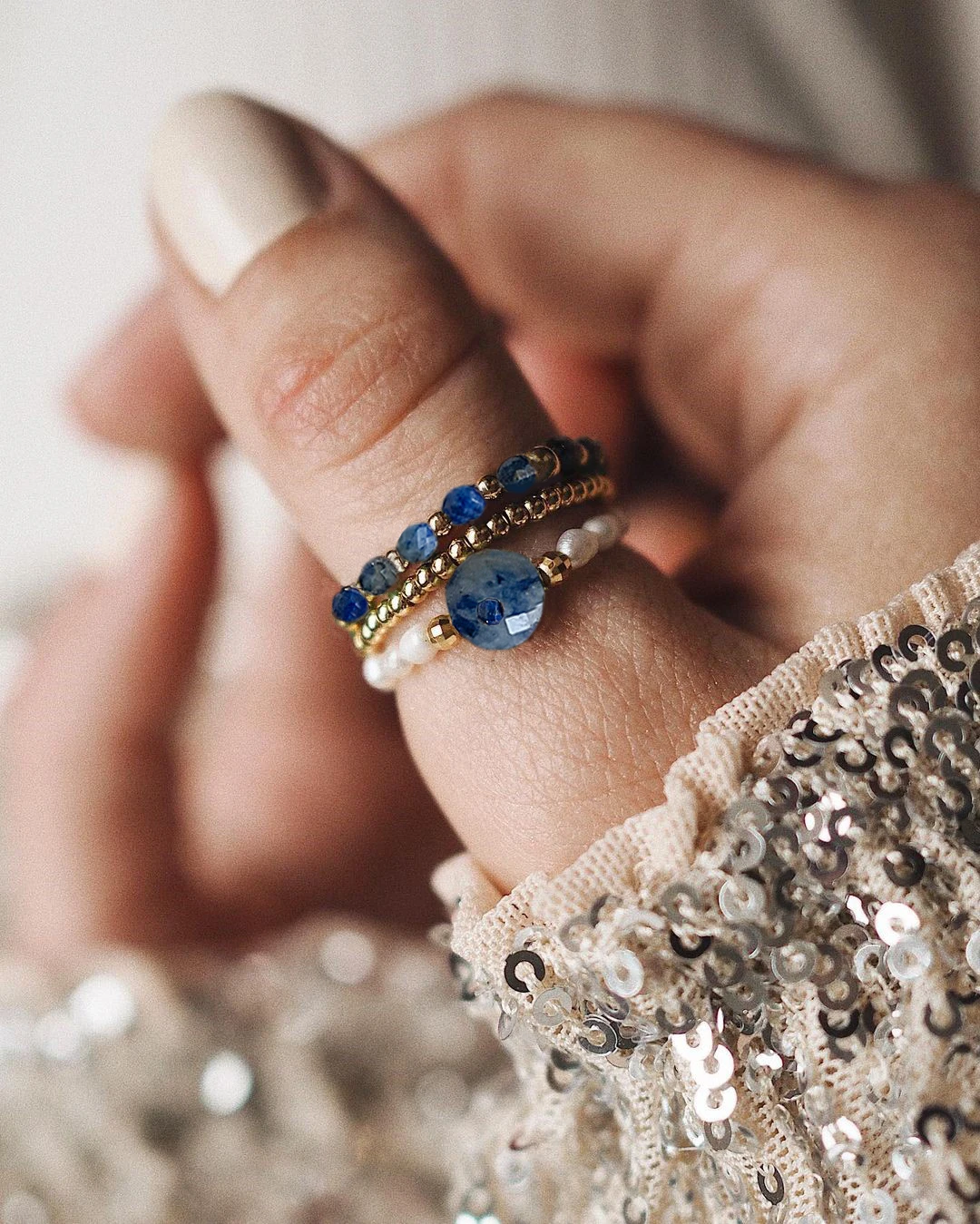 Lapis Lazuli Natural Stone Rings For Women with Stainless Steel Bead Freshwater Pearl Healing Set Bohemian Party Gifts | Украшения и