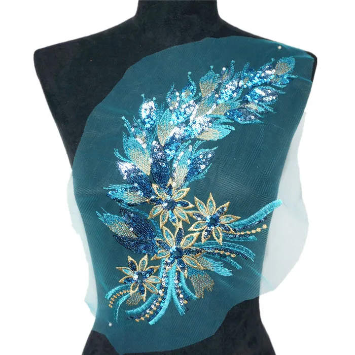 Light Blue 40 см золотые, синие, черные блестки, Перо хвоста, цветы, кружевная отделка, сетка, пришитые нашивки, вышивка для свадебной Аппликации, украшение своими руками - Цвет: Light Blue