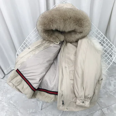 2 khaki Модная новая верхняя одежда, женское короткое пальто с натуральным мехом, воротник из лисьего меха, подкладка из меха кролика Рекс, теплая куртка, плотное зимнее пальто, Зимняя парка - Цвет: 2 khaki