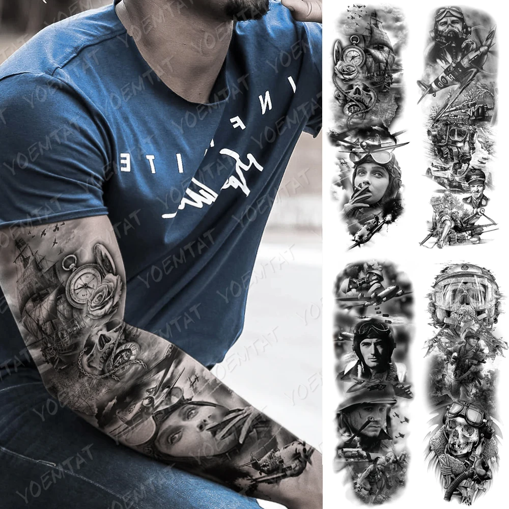

Large Arm Sleeve Tattoo Airplane soldier Pilot Waterproof Temporary Tatto Sticker Sailing Compass Body Art Full Fake Tatoo Men