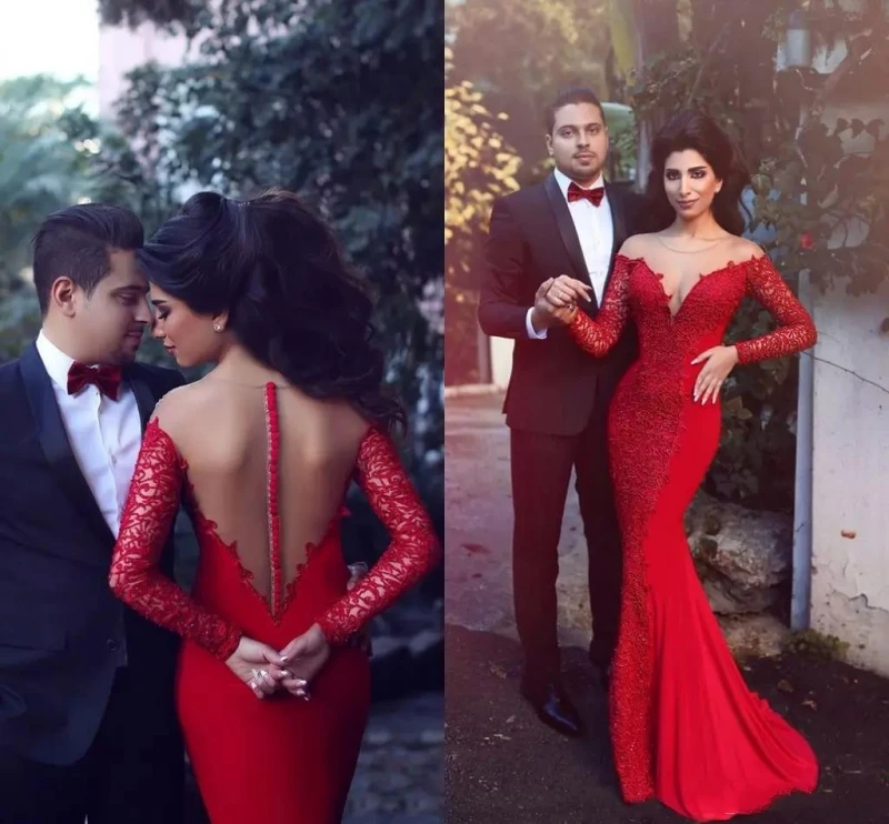 Arabic Red Long Sleeves Lace Chiffon Mermaid Evening Dresses 2020 New Elegant Appliques Celebrity Dresses Prom Party Gowns
