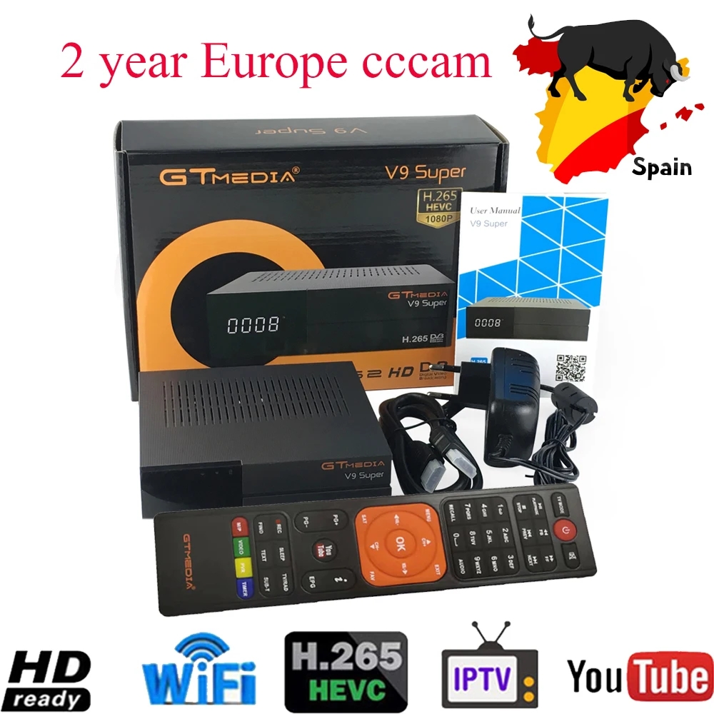 GT media V9 Super Spain Cline на 2 года спутниковый ТВ приемник H.265 WIFI DVB-S2 4k HD freesat v9 super Receptor TV box
