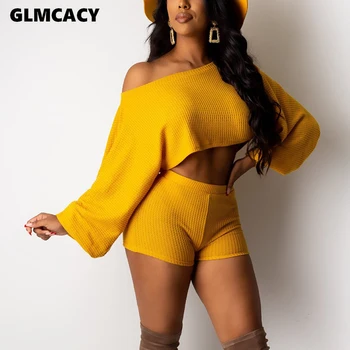 

Women Knitted Long Sleeve O-neck Crop Top and Shorts 2 Piece Set Female Two Pieces Sets Chic Streetwear Party Clubwear