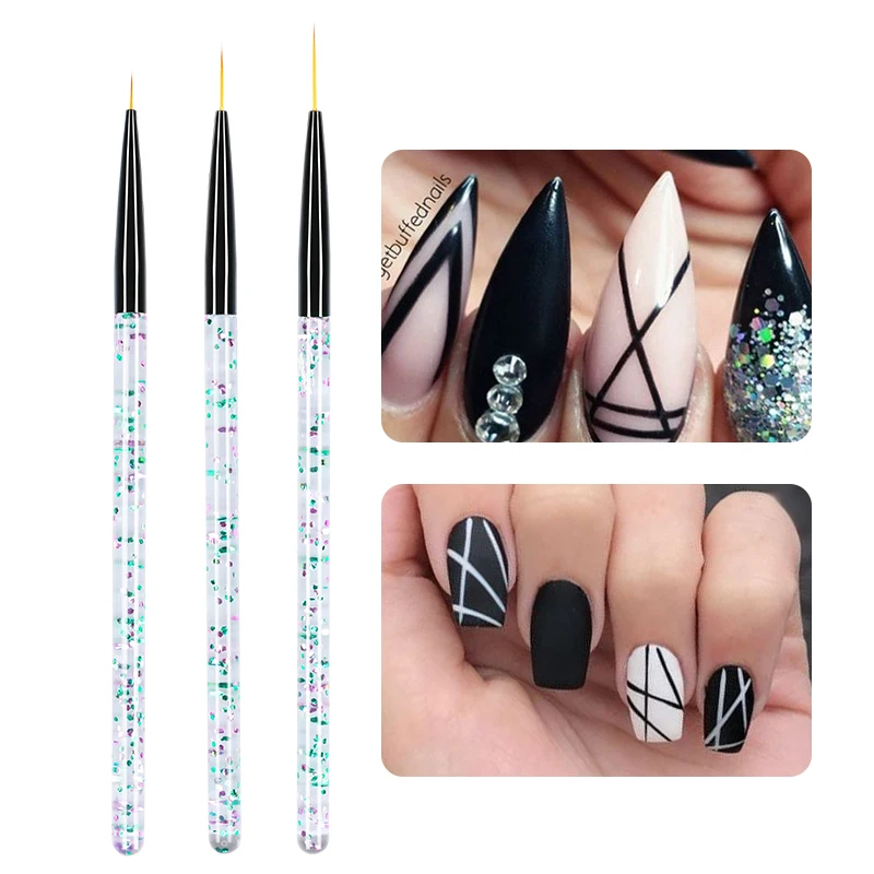 

3PCS Liner Brush Set UV Gel Polish Painting Drawing Pen Brush Glitter Kit Colorful Sequins Clear Handle Nail Art Tools