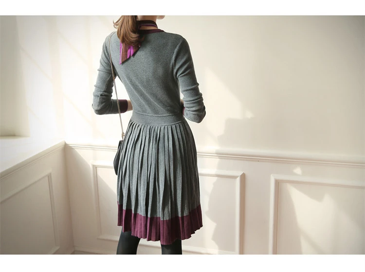 Tanie Kobiety sweter biurowy sukienka plisowana przycisk Up elegancki gruby koreański jesień modna sweter Femme szaty na drutach sweter Vestidos