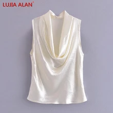 

LUJIA ALAN Women Pile Collar Satin Smock Blouse Female Sleeveless Shirt Casual Loose Tops Blusas S9885