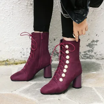 

New Women's Short Boots Thick High-heeled Pointed Pearl Women's Boots Fashion Lace-up Women's Boots Custom Made Plus Size 34-46