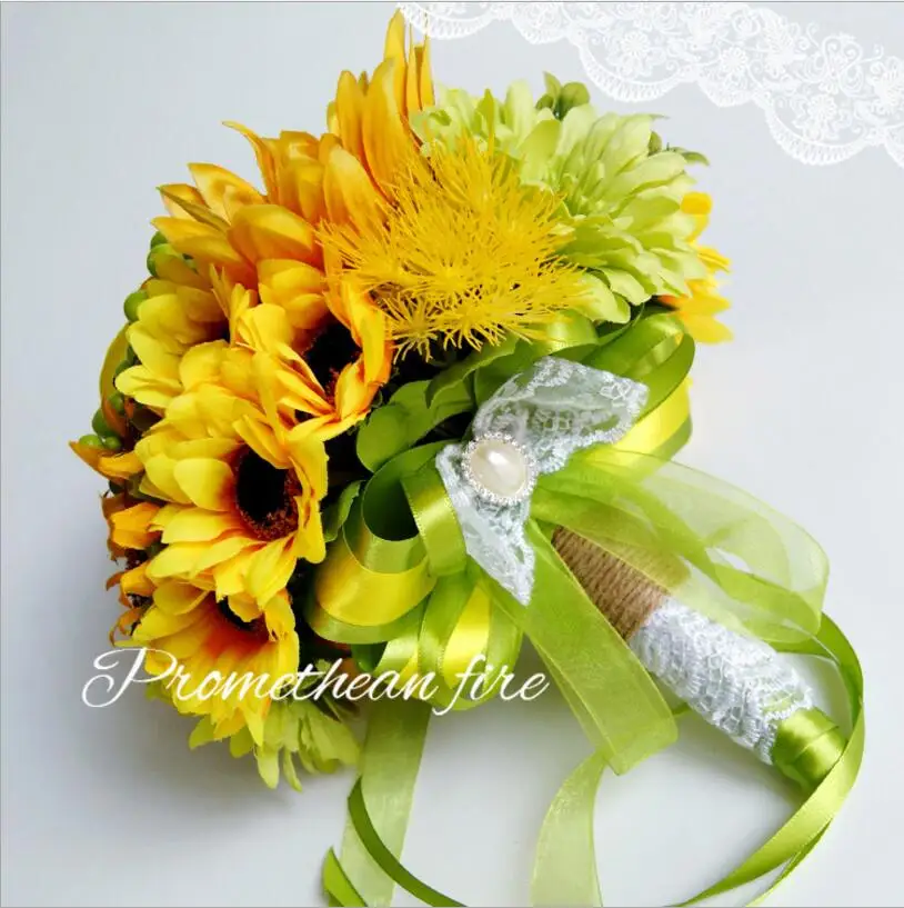 Handmade Artificial Bridal Wedding Bouquet Romantic Sunflower Rope Handle Satin Ribbon Church Party Home Decoration SPH072