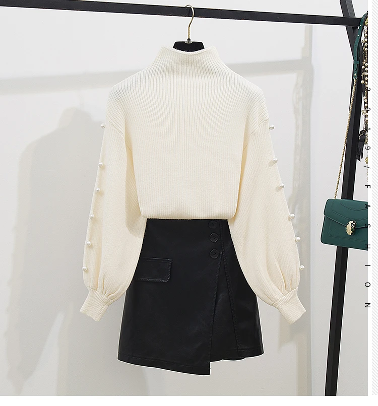 Осенний Новый стильный женский свитер с юбкой комплект жемчужинами длинный