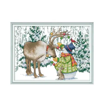 

Joy Sunday Cross Stitch Kits Embroidery Kits Elk and Snowman Patterns 14ct Printed on Canvas 11ct Counted Fabric Needlework Sets