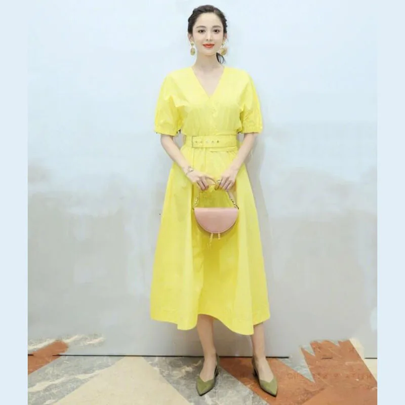 

Women Dresses 2019 High Quality Newest Designer Runway V-Neck Short Sleeve Solid Ladies Casual Dress NP0765J