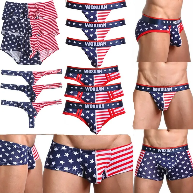3 Piece Sexy Mens Briefs Jockstrap Slips Hombre Underwear American Flag Stripe Printed Thong G-String Gay Panties Boxershorts
